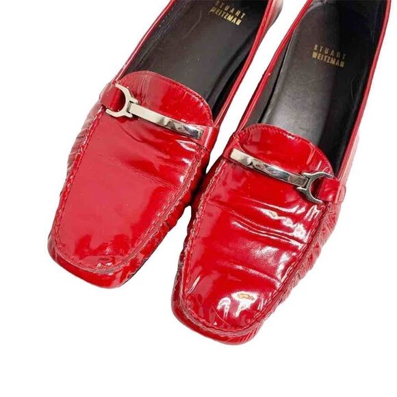 Vintage Stuart Weitzman Moccasins Loafers Patent Red Leather Silver Buckle 9.5 - Picture 6 of 11